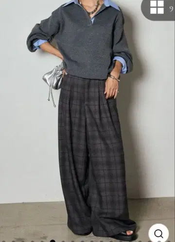 와이드 체크 팬츠 그레이