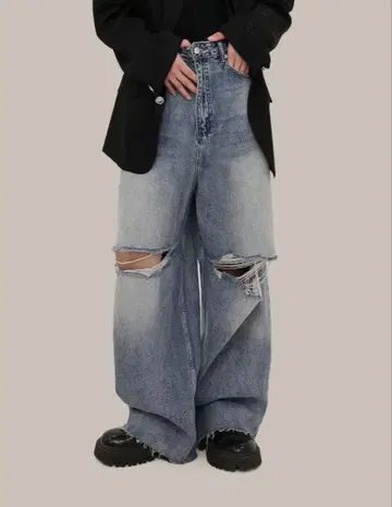 Deuku 데미지 와이드 배기 데님 청바지