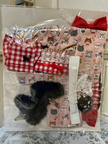 네오 브라이스용 아웃핏 고양이 패턴 기모노와 오비와 백과 고양이 귀 세트