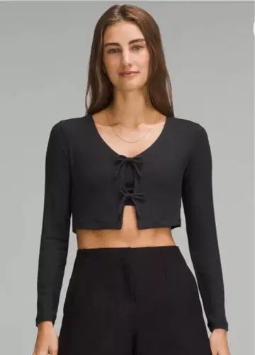 룰루레몬 블랙 프론트 리본 타이 리브 가디건