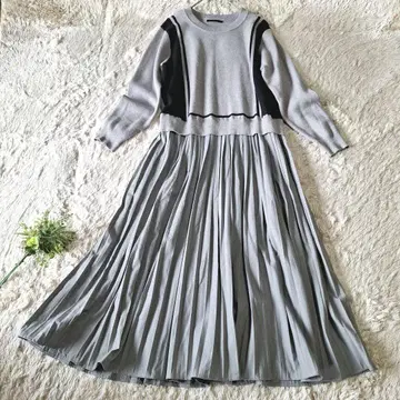 폴린느 브로 니트 플리츠 절개 도킹 원피스 맥시 길이 그레이