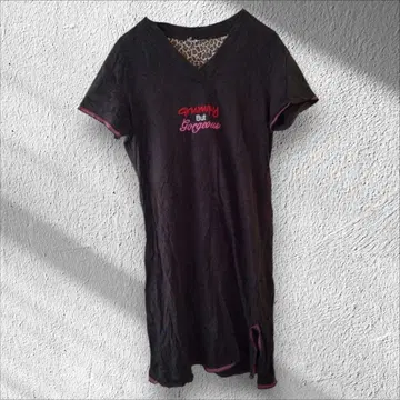 1점 한정 블랙 V넥 튜닉 원피스 반팔 레오파드 무늬