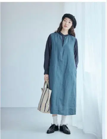 나카가와 마사시치 상점 린넨 고밀도 직조 원피스 청록색