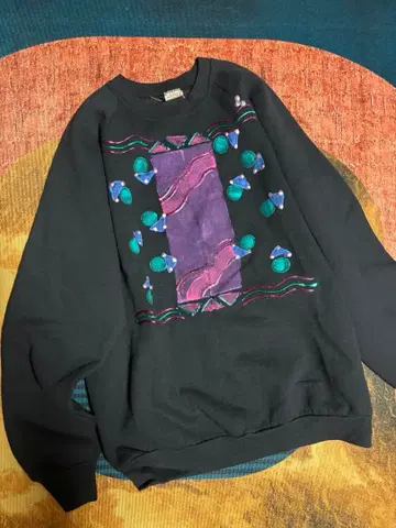 80S 프룻 오브 더 룸 멀티 컬러 디자인 크루넥 USA제 레어! 블랙