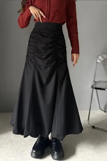 개더 블랙 롱 스커트