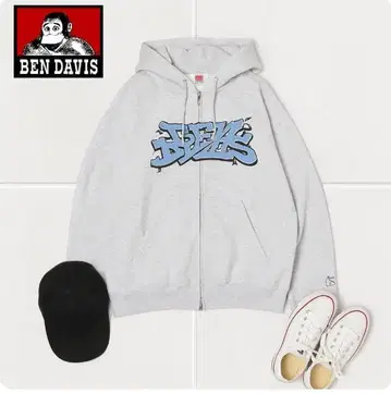 YJ208@ BEN DAVIS 후드티 풀 집업 로고 프린트 그레이