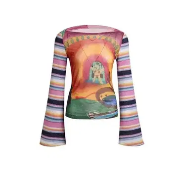 y2k 헤이세이 갸루 컬러풀 긴팔 티셔츠 패치워크 니트 티셔츠 00s