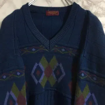 [더스티 컬러] 모 100% 니트 총 패턴 니트 일본제 아가일 블루 L