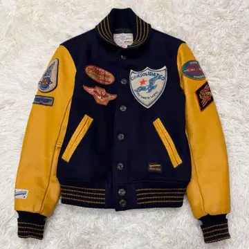 1733 AVIREX 바시티 자켓 소매 가죽 USA제 38 네이비