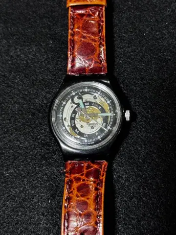 자동 와인딩 시계 스켈레톤 다이얼 브라운 가죽