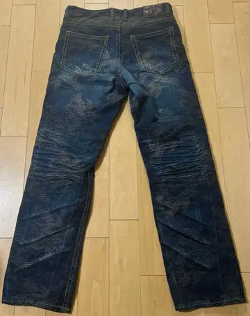 금 자수 디자인 블루 데님 팬츠