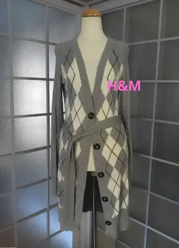 새상품급 H&M 그레이 아가일 롱 가디건 니트 코트