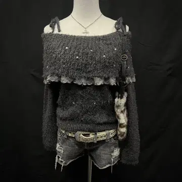 헤이세이 갸루 y2k 호러 게임 오프숄더 니트 펄 레이스 공주 갸루