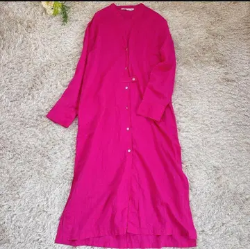 ZARA 2way 린넨 코튼 블렌드 노카라 셔츠 원피스 XL 핑크