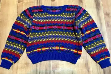 빈티지 멀티 컬러 보더 크루넥 스웨터 핸드 니트