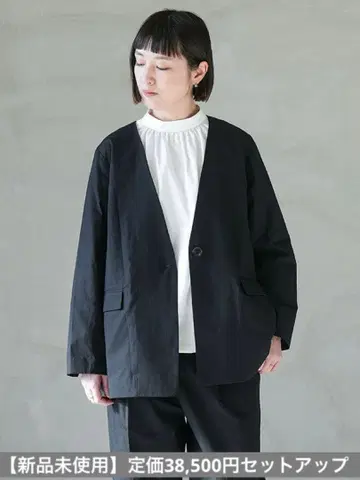 [ 미사용 새상품 ] ICHI(이치) 코튼 린넨 노카라 자켓 셋업