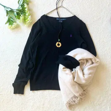 L 사이즈 랄프 로렌 캐시미어 니트 블랙 검정 보라색 말 자수