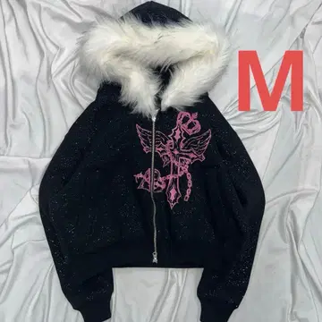 girl Cross Logo glitter Fur Zip Hoodie