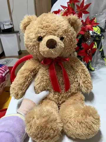 베이지색 테디베어 빨간 리본 포함