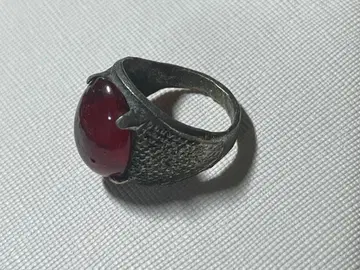VINTAGE 스톤 각인 실버 반지 빨간색 보석 오벌 컷