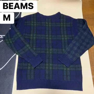BEAMS M 니트 스웨터 네이비 그린 체크