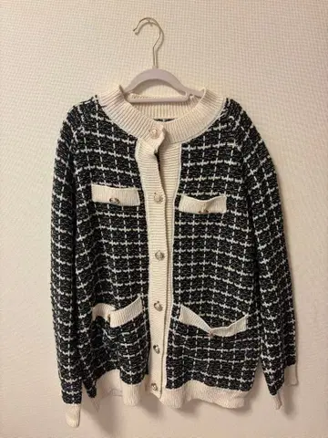 노카라 체크 무늬 니트 자켓