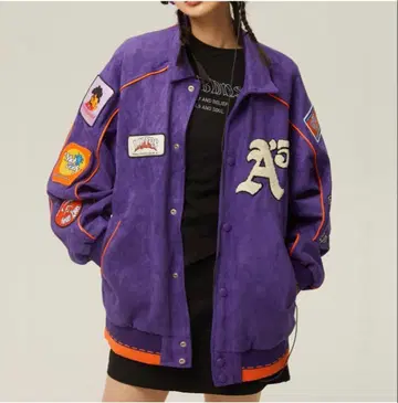 HIGHWAY-G 멀티 로고 와펜 유니폼 자켓 보라색 바시티 자켓