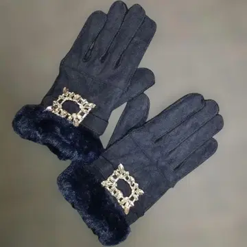 스웨이드 느낌 인조 모피 장갑 네이비 [ 비쥬 장식 버클 ] 미사용