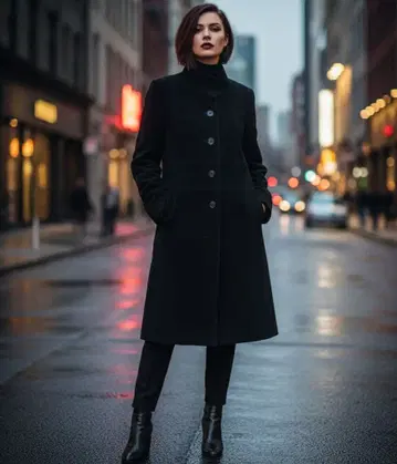 iCB 9호 스탠드 카라 울 캐시미어 코트 블랙