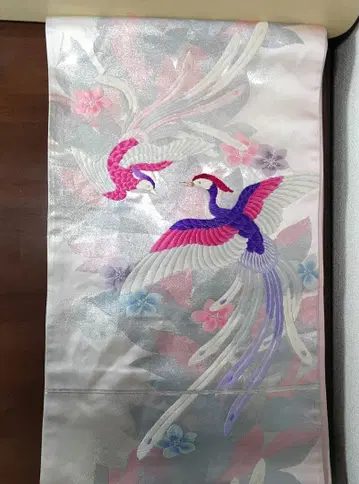 순수 실크 후쿠로 오비 후리소데용 사랑스러운 봉황 패턴 중고