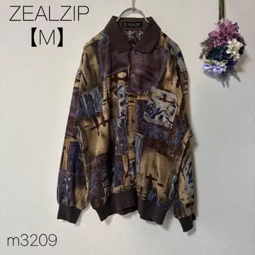 긴팔 피케 셔츠 빈티지 쇼와 레트로 풀오버 브라운 올 패턴 [ M ]