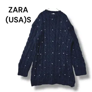 자라 니트 스웨터 네이비 비즈 M 상당 케이블 짜임 긴팔