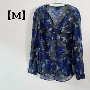 1점 한정 긴팔 셔츠 [ M ] 꽃무늬 시스루 V넥 포켓 부착 오샤레