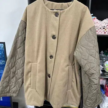 노카라 자켓 베이지 카키 퀼팅