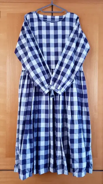 핸드메이드 네이비 블록 체크 개더 원피스