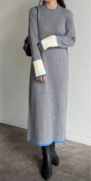 제본 Thevon 소매 배색 라인 리브 니트 원피스 긴팔 원피스 슬림