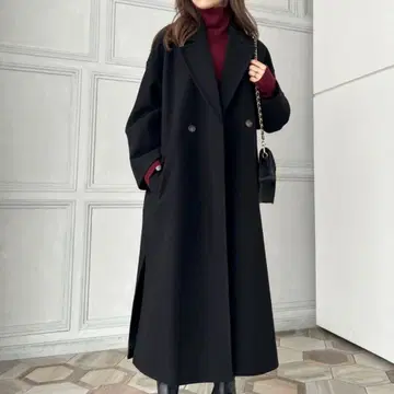 moment+ 니트 멜톤 사이드 슬릿 롱 체스터 코트 L 블랙