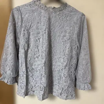 그레이 레이스 프릴 옷깃 벌룬 소매 셔츠