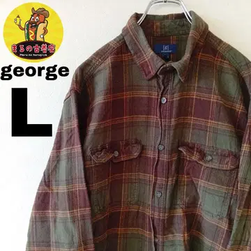 USA 구제 의류 george 플란넬 셔츠 L 카키 블랙 체크