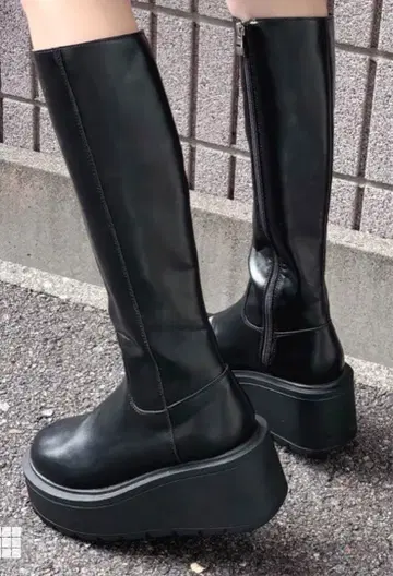 [ 안심 익명 배송 ] 통굽 가죽 슬림 롱 부츠 24.0cm BLACK