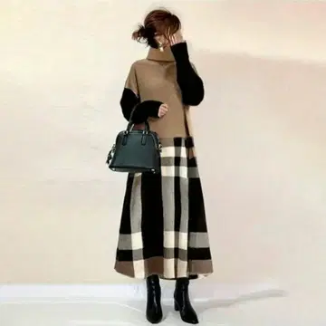 긴팔 체크 무늬 A라인 절개 심플 캐주얼 원피스 L