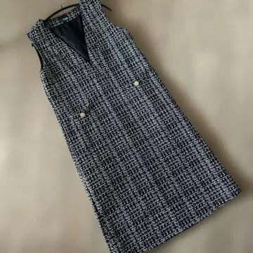 트위드 원피스 오버롤 스커트 블랙 앤 화이트 슬리브리스 골드