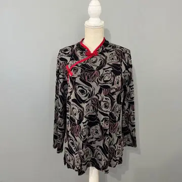 태극권 의류, 중화권, 장미 무늬 긴팔 셔츠 블랙/빨간색