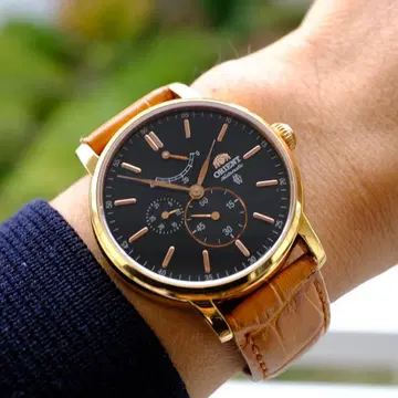 ORIENT 자동 와인딩 손목시계 블랙 다이얼 골드 컬러 케이스