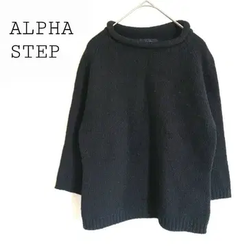 양모 100% 7부 소매 울 니트 풀오버 래글런 슬리브 심플 블랙