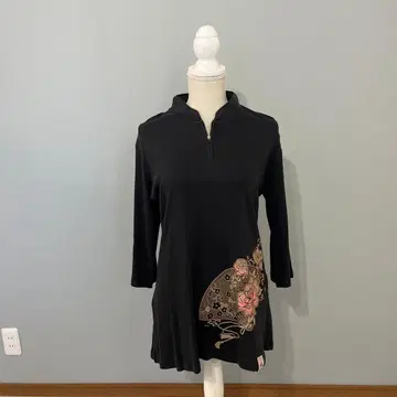 태극권 의류, 중화권, 블랙 꽃무늬 프린트 원피스