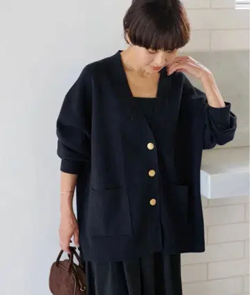 relume 코튼 캐시미어 믹스 더블 니트 V넥 가디건 네이비