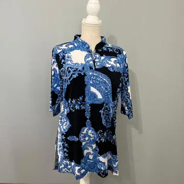 태극권 의류, 중화권, 파랑과 화이트 장식 패턴 하프 지퍼 긴팔 셔츠