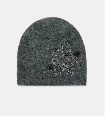 ZARA 신상 그레이 비니 니트 모자 비즈 자수
