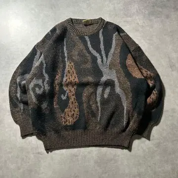 유로 빈티지 올 패턴 아크릴 브라운 디자인 니트 스웨터